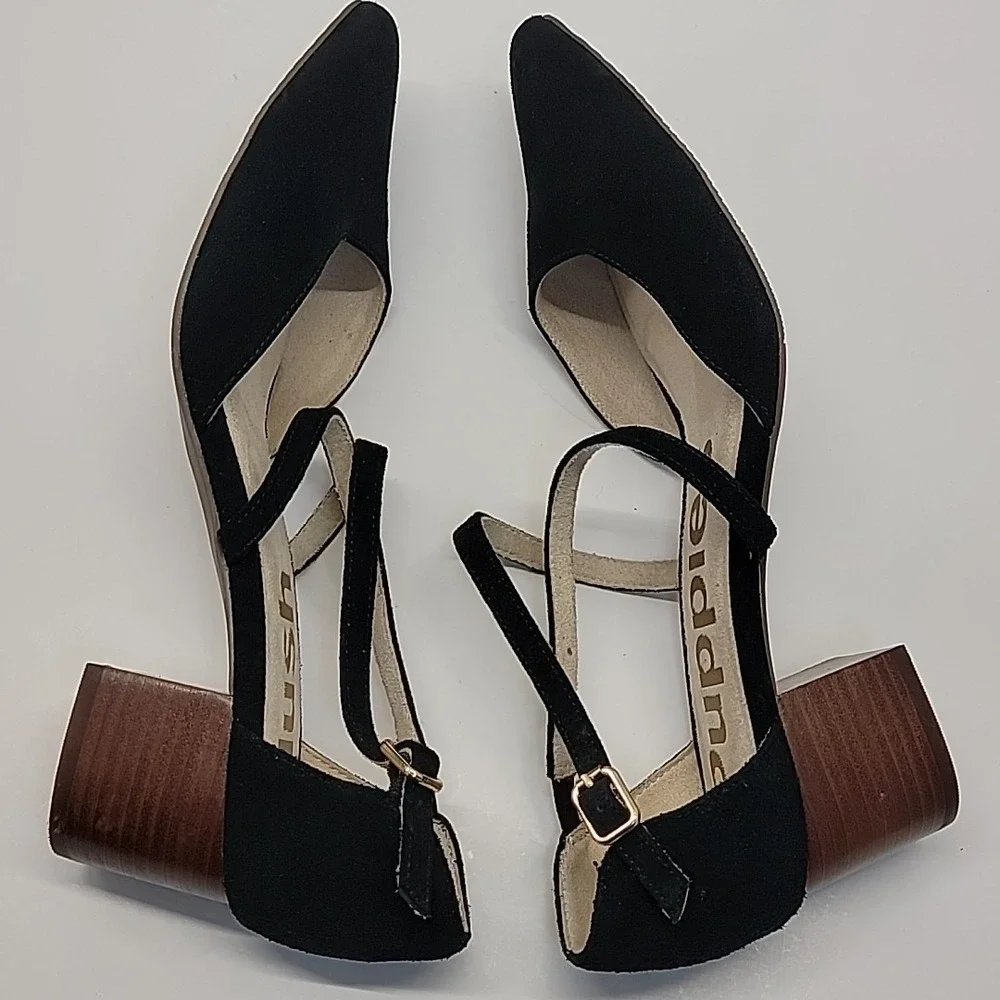 HUSH PUPPIES Sofie Cross Strap Black Suede Leather Womens Sz 9 Mid Block Heels‎